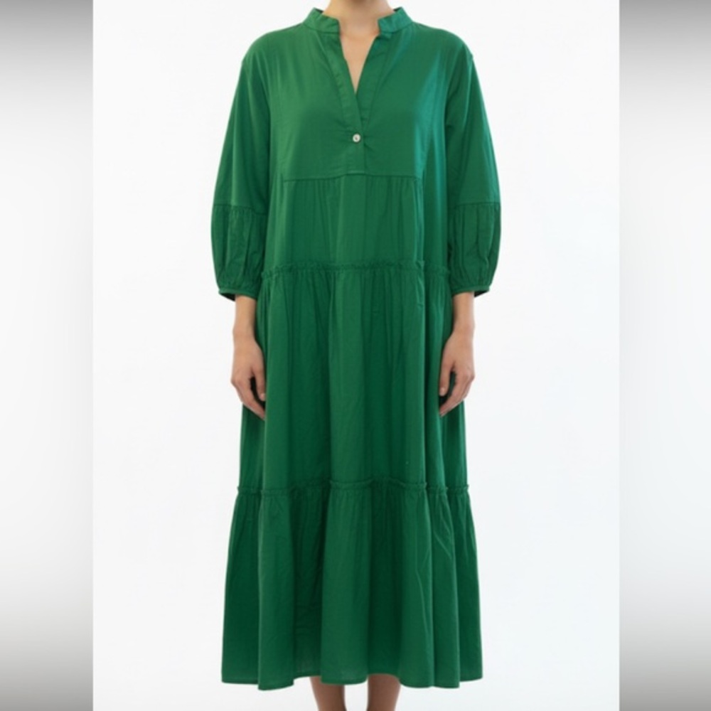 Sofia Made In Italy Tiered Midi Dress 3/4 Sleeve with Pockets One Size in Green